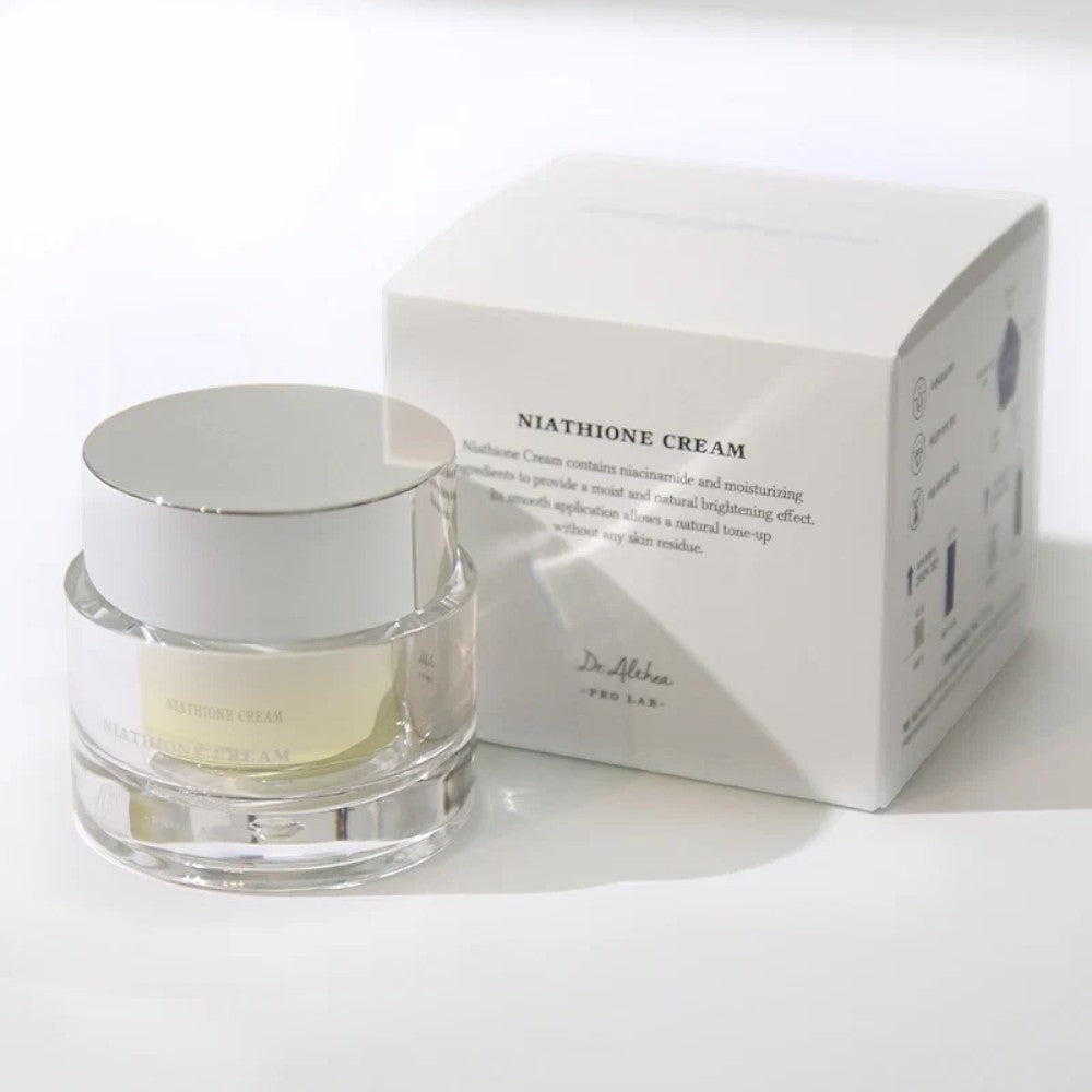 Skin TOGO Dr.Althea Niathione Cream in a clear glass jar with a white lid next to its white product packaging box.