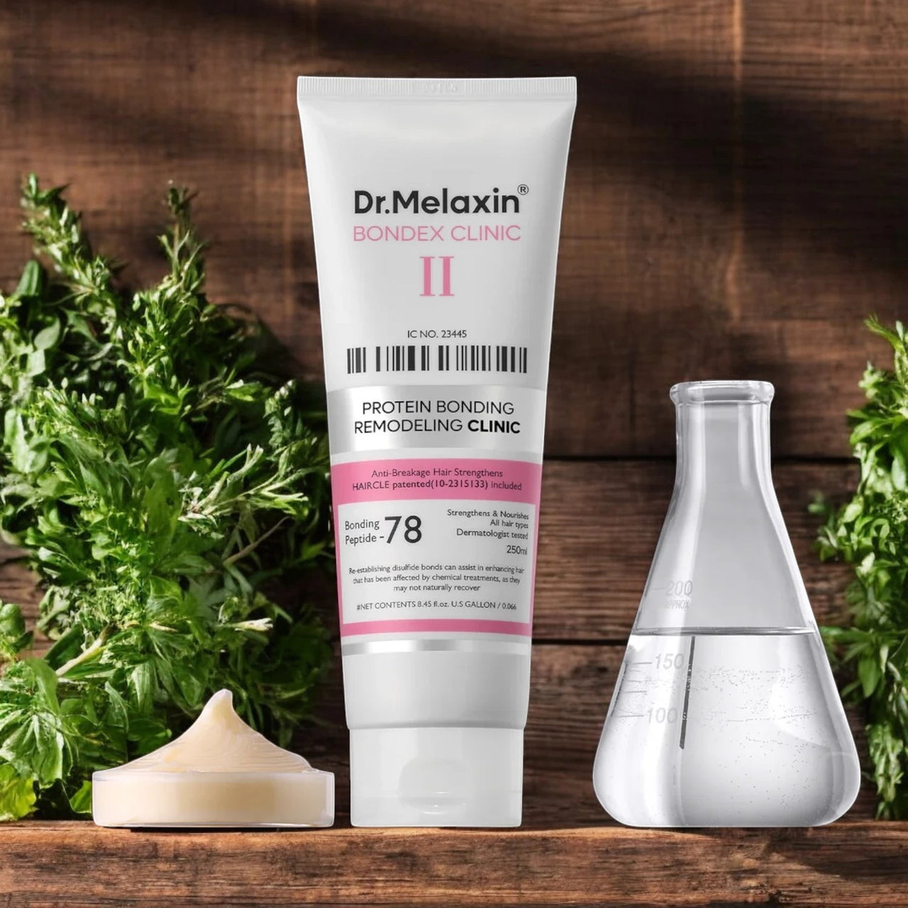 Skin TOGO Dr.Melaxin Bondex Protein Bonding Remodeling Clinic hair conditioner tube with cream and lab flask