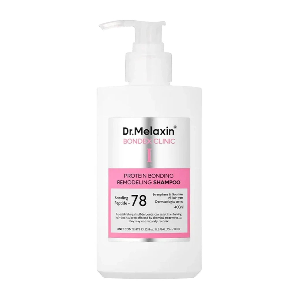 Skin TOGO Dr.Melaxin Bondex Protein Bonding Remodeling Shampoo in a 400ml white pump bottle for damaged hair.