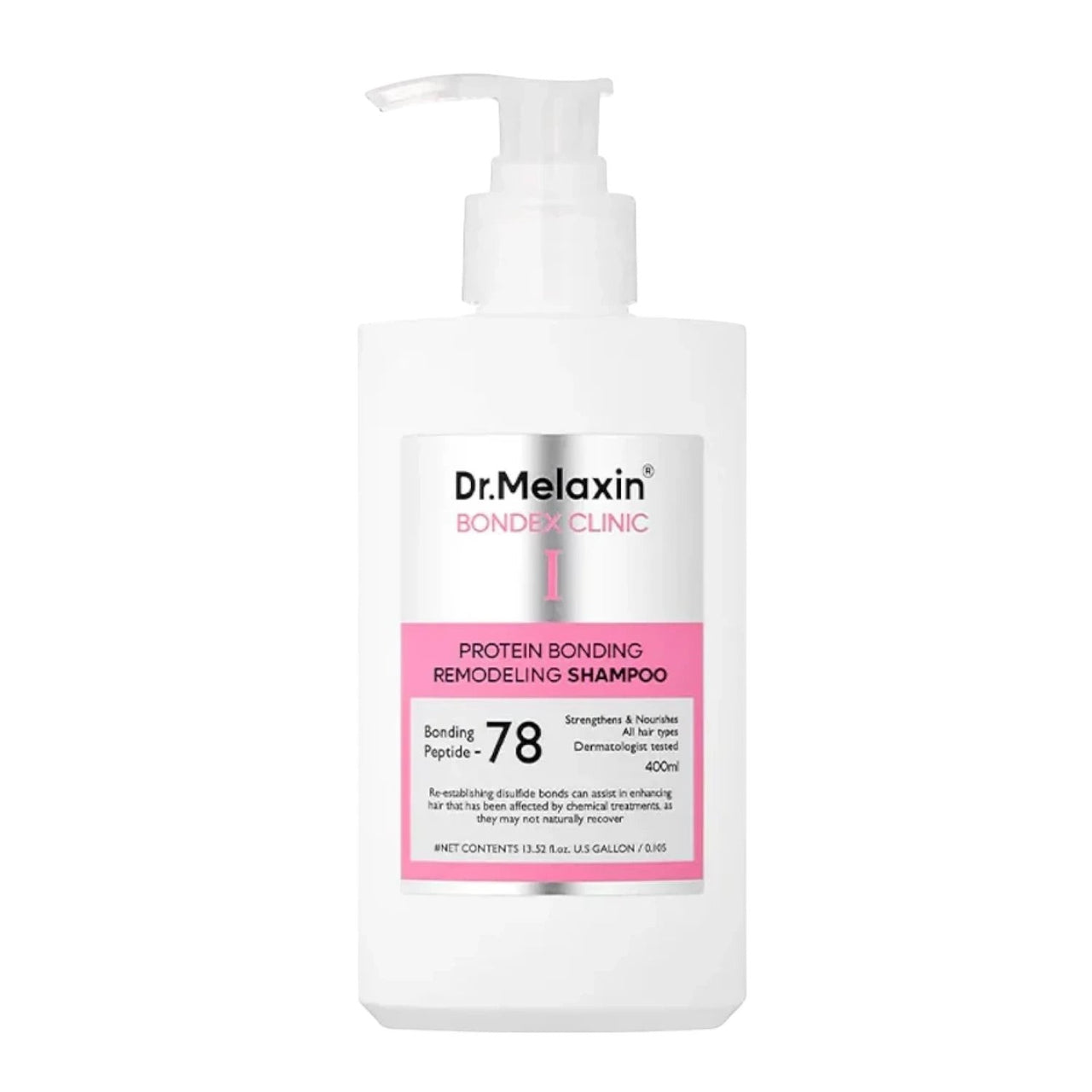 Skin TOGO Dr.Melaxin Bondex Protein Bonding Remodeling Shampoo in a 400ml white pump bottle for damaged hair.
