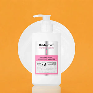 Skin TOGO Dr.Melaxin Bondex Protein Bonding Remodeling Shampoo in a white 400ml bottle against an orange background.