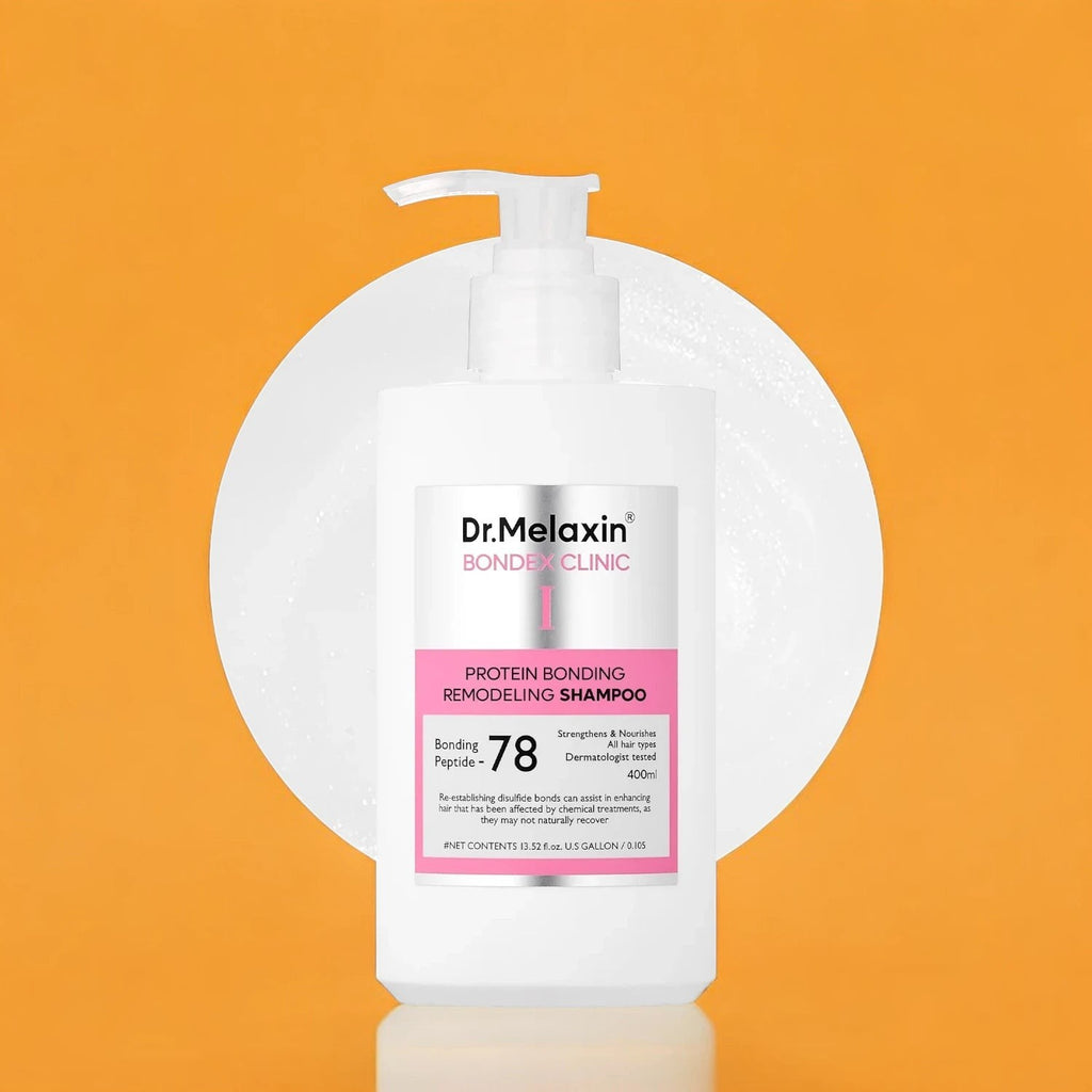 Skin TOGO Dr.Melaxin Bondex Protein Bonding Remodeling Shampoo in a white 400ml bottle against an orange background.