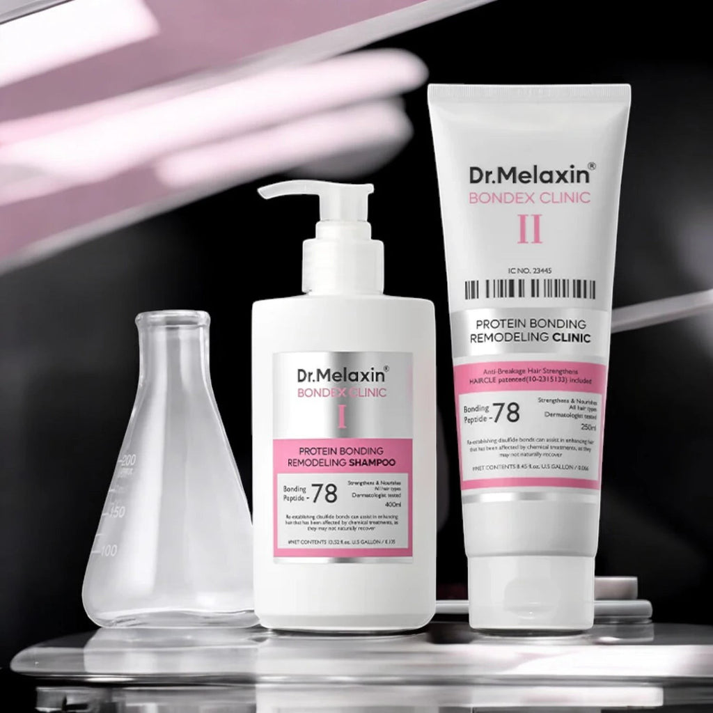 Skin TOGO Dr.Melaxin Bondex protein bonding remodeling shampoo and clinic treatment bottles with a glass beaker.