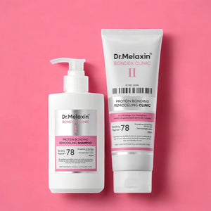 Skin TOGO Dr.Melaxin Bondex Protein Bonding Remodeling Clinic shampoo and conditioner set on a pink background.
