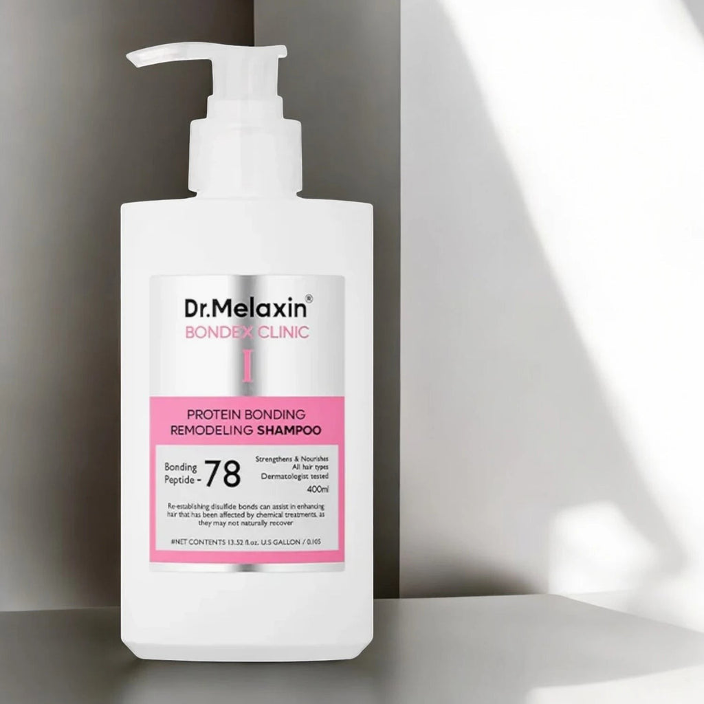 Skin TOGO Dr.Melaxin Bondex Protein Bonding Remodeling Shampoo in a 400ml white pump bottle for damaged hair.
