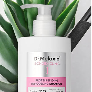 Skin TOGO Dr.Melaxin Bondex Protein Bonding Remodeling Shampoo in a white pump bottle against green leaves.