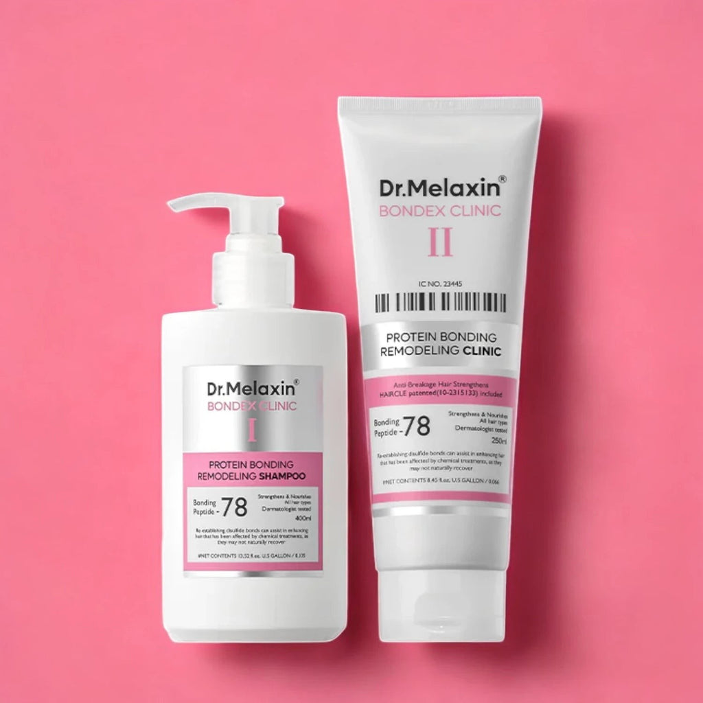 Skin TOGO Dr.Melaxin Bondex protein bonding remodeling shampoo and clinic treatment bottles on a pink background.