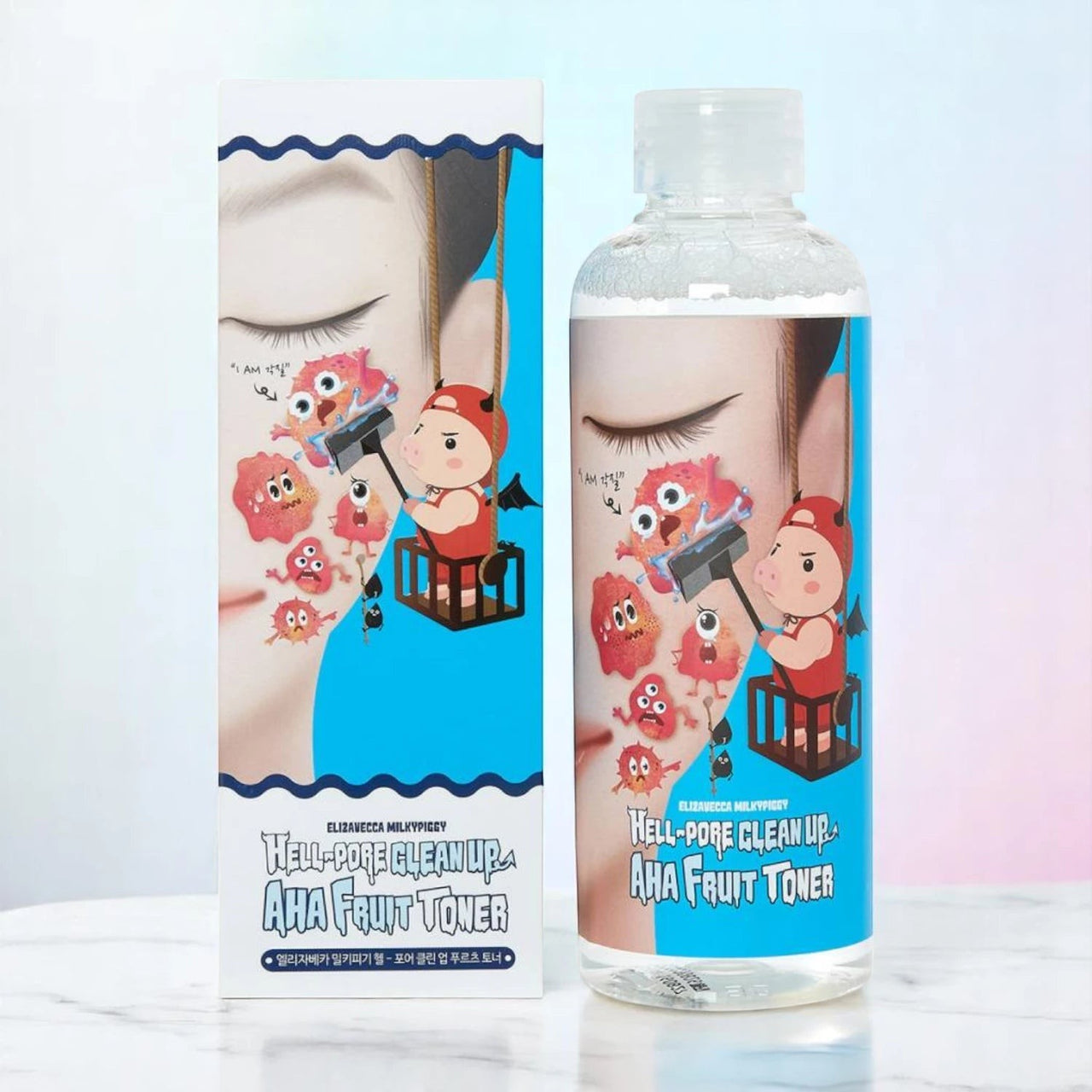 Skin TOGO Elizavecca Milky Piggy Hell-Pore Clean Up AHA Fruit Toner bottle and box with cute pig character design