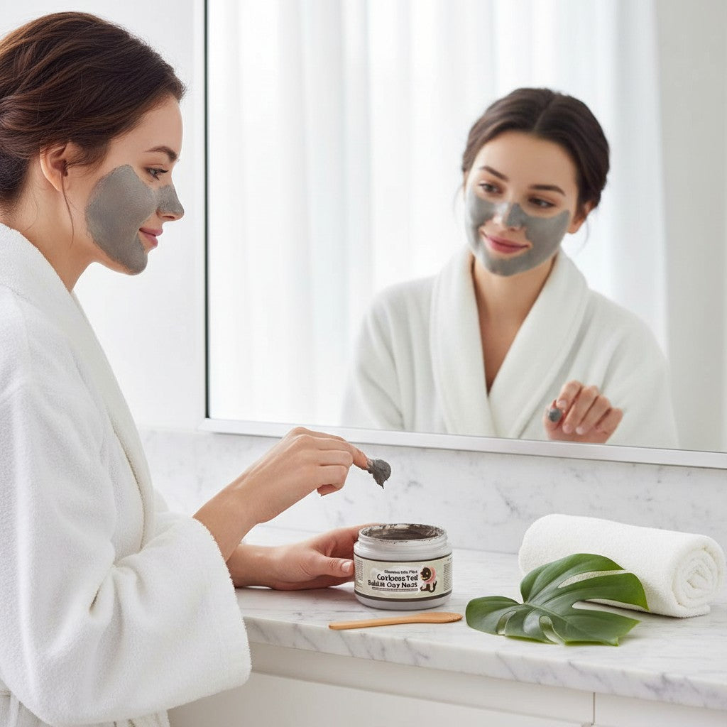 Skin TOGO woman applying Elizavecca Milky Piggy carbonated bubble clay mask on her face in front of a bathroom mirror