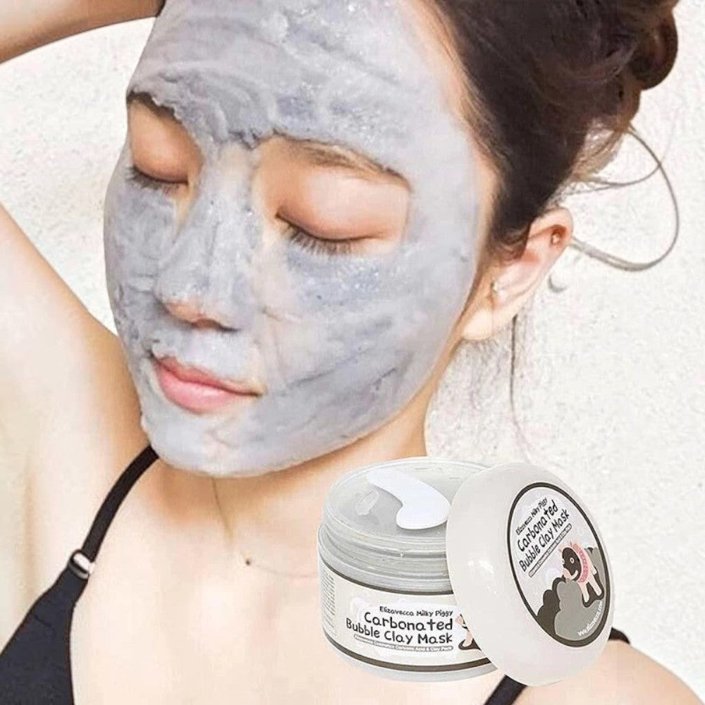 Skin TOGO model applying Elizavecca Milky Piggy Carbonated Bubble Clay Mask for deep pore cleansing and skin detox