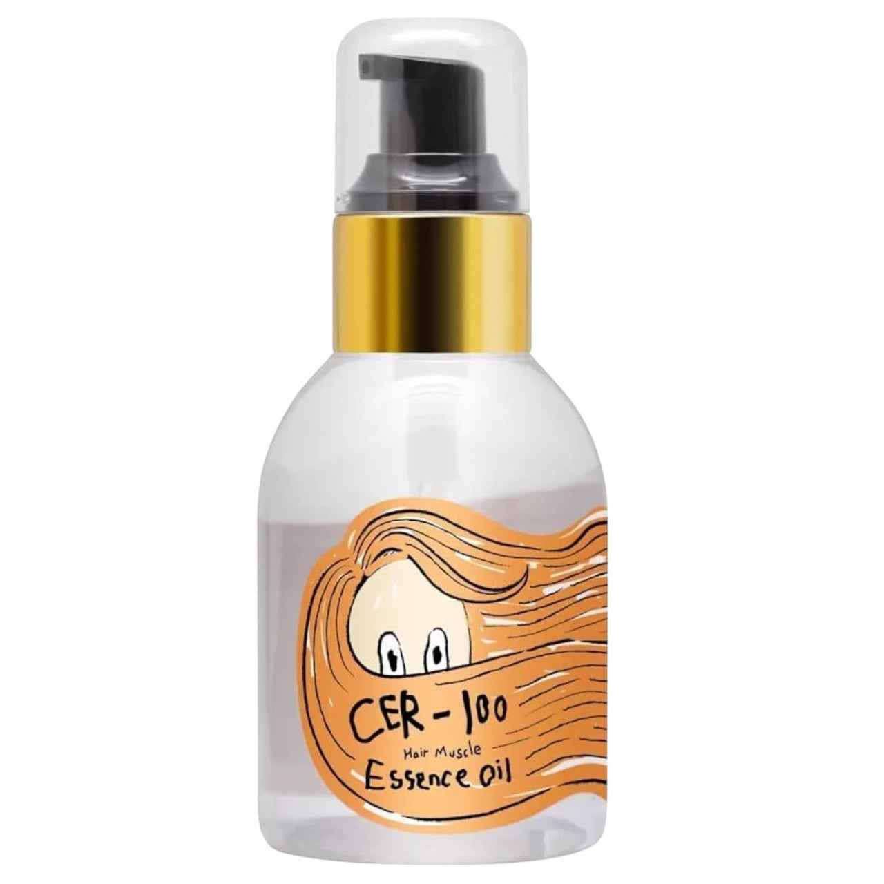 Skin TOGO Elizavecca CER-100 Hair Muscle Essence Oil in a 100ml clear pump bottle with a gold cap and cartoon label.