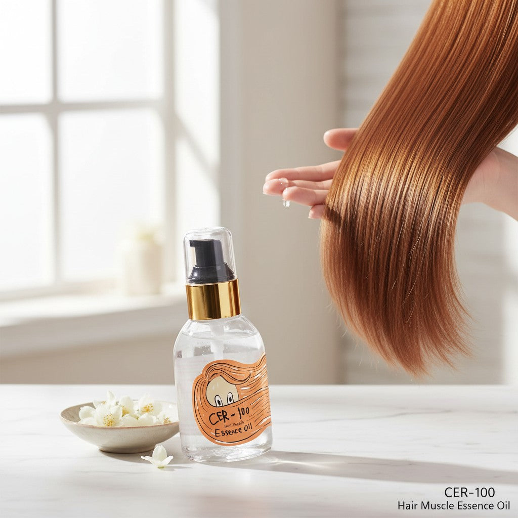 Skin TOGO Elizavecca CER-100 Hair Muscle Essence Oil bottle with pump next to a hand applying oil to shiny hair.