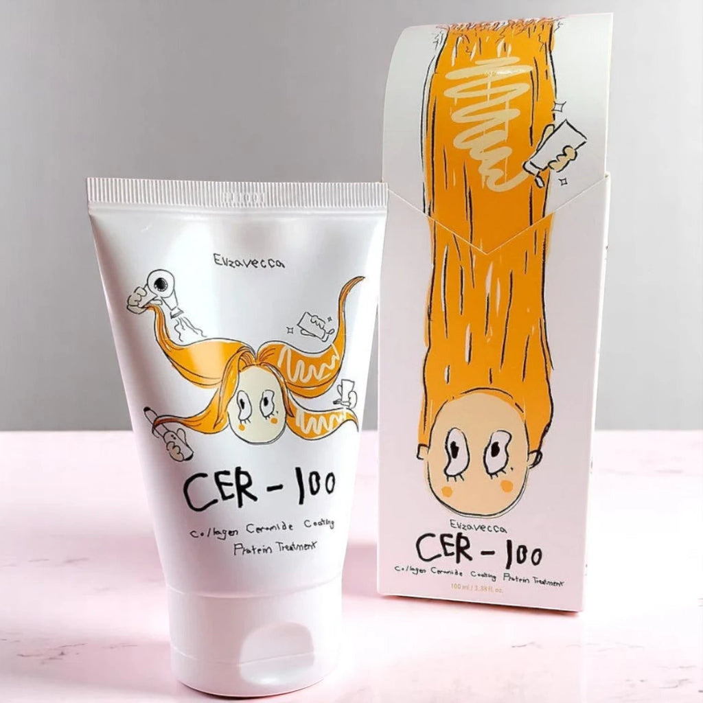 Skin TOGO Elizavecca CER-100 collagen ceramide protein hair treatment tube and box with cartoon illustration