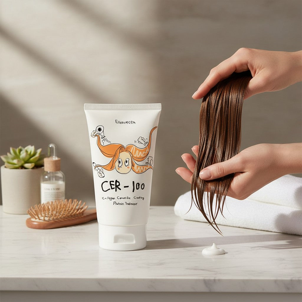 Skin TOGO Elizavecca CER-100 collagen ceramide protein hair treatment tube with hands applying cream to brown hair