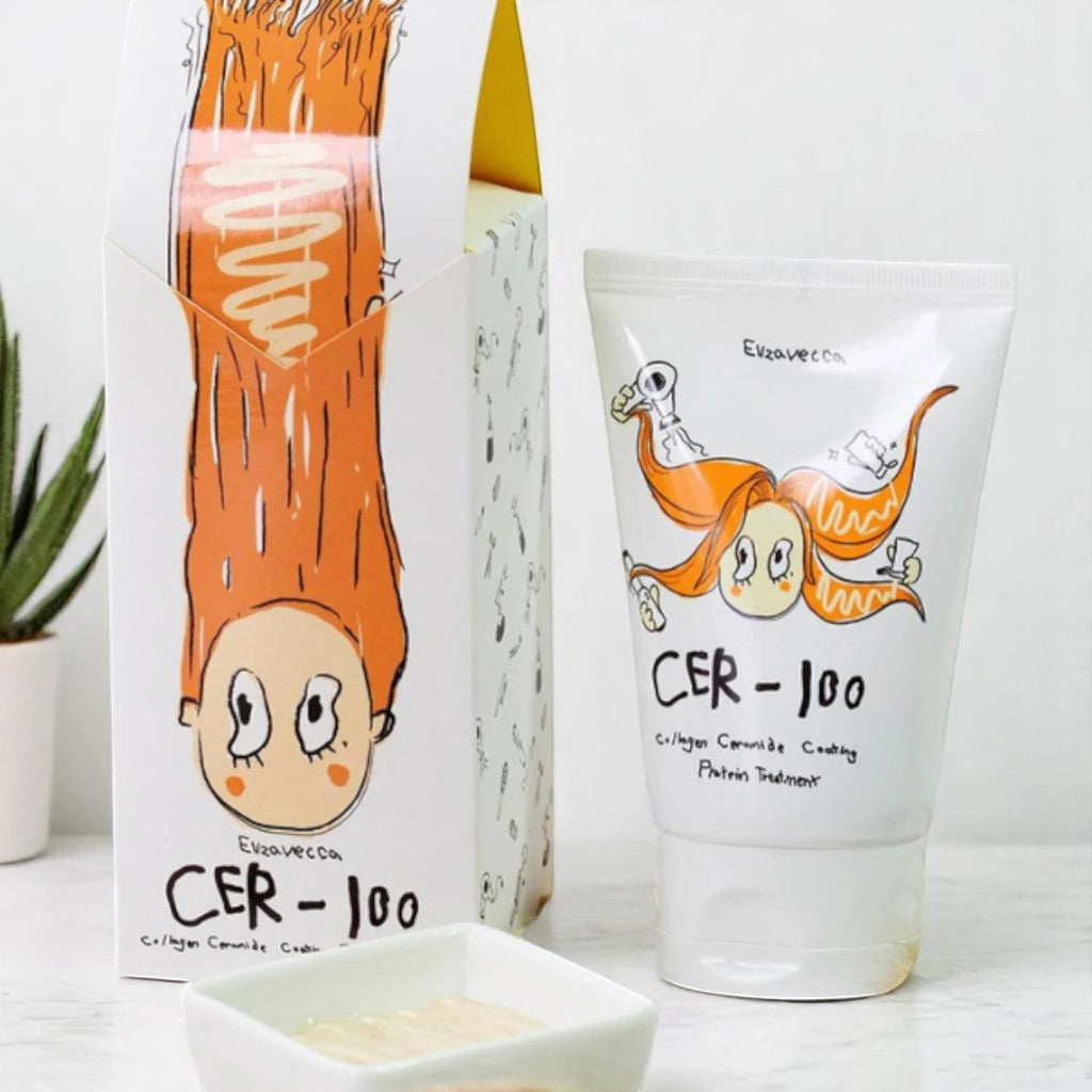Skin TOGO Elizavecca CER-100 collagen ceramide protein hair treatment tube and box with cartoon illustration