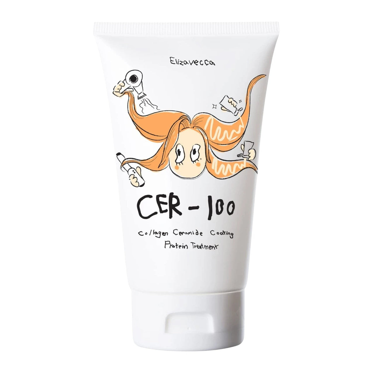 Skin TOGO Elizavecca CER-100 collagen ceramide protein hair treatment in a white 100ml squeeze tube with cartoon art.