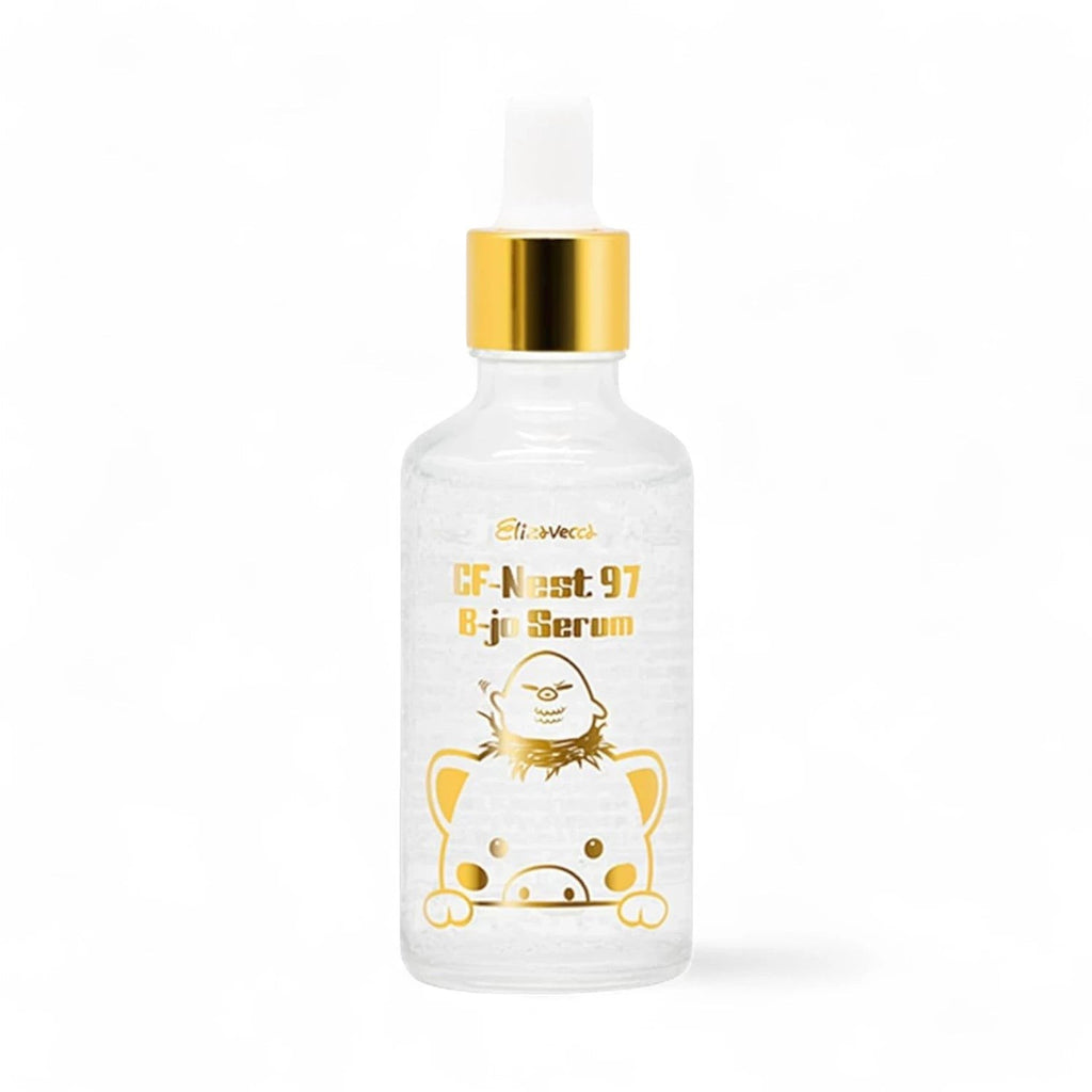 Skin TOGO Elizavecca CF-Nest 97 B-jo Serum in a clear glass bottle with a gold dropper cap and cute pig illustration.