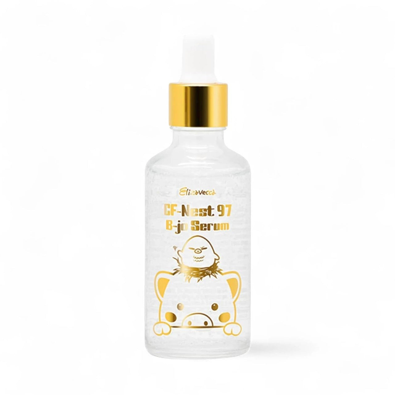 Skin TOGO Elizavecca CF-Nest 97 B-jo Serum in a clear glass bottle with a gold dropper cap and cute pig illustration.