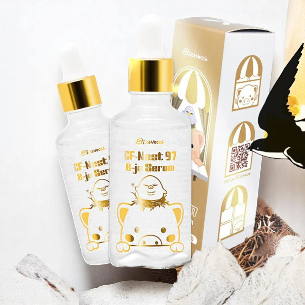 Skin TOGO Elizavecca CF-Nest 97% B-jo serum bottles with gold dropper caps and product packaging box.