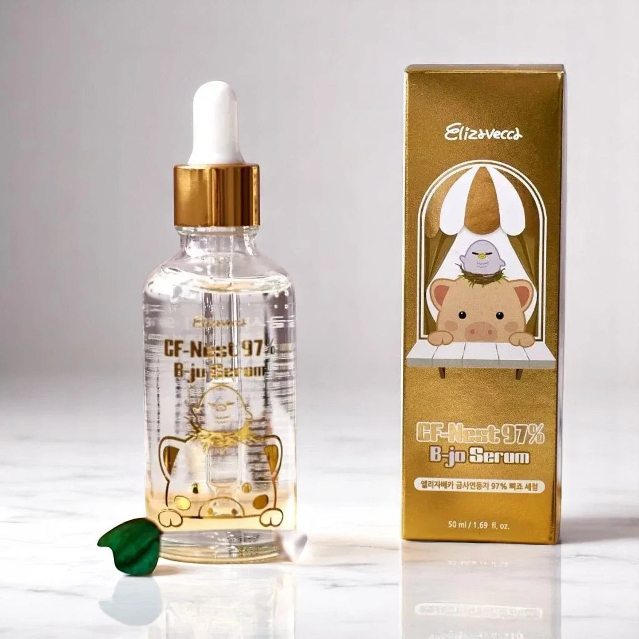 Skin TOGO Elizavecca CF-Nest 97% B-jo Serum bottle and gold packaging box for intensive skin hydration