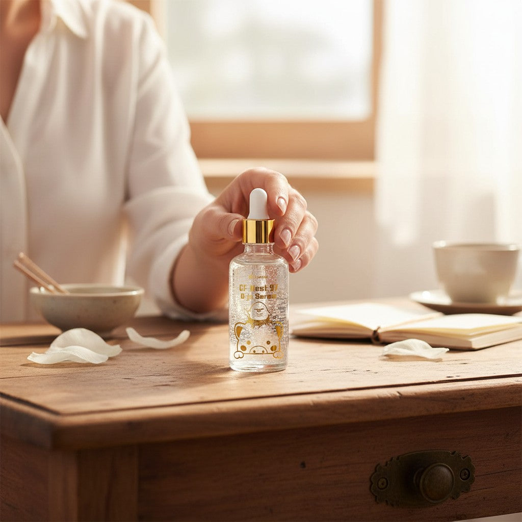 Skin TOGO Elizavecca CF-Nest 97% B-jo Serum bottle held by a person on a wooden table with soft morning lighting.