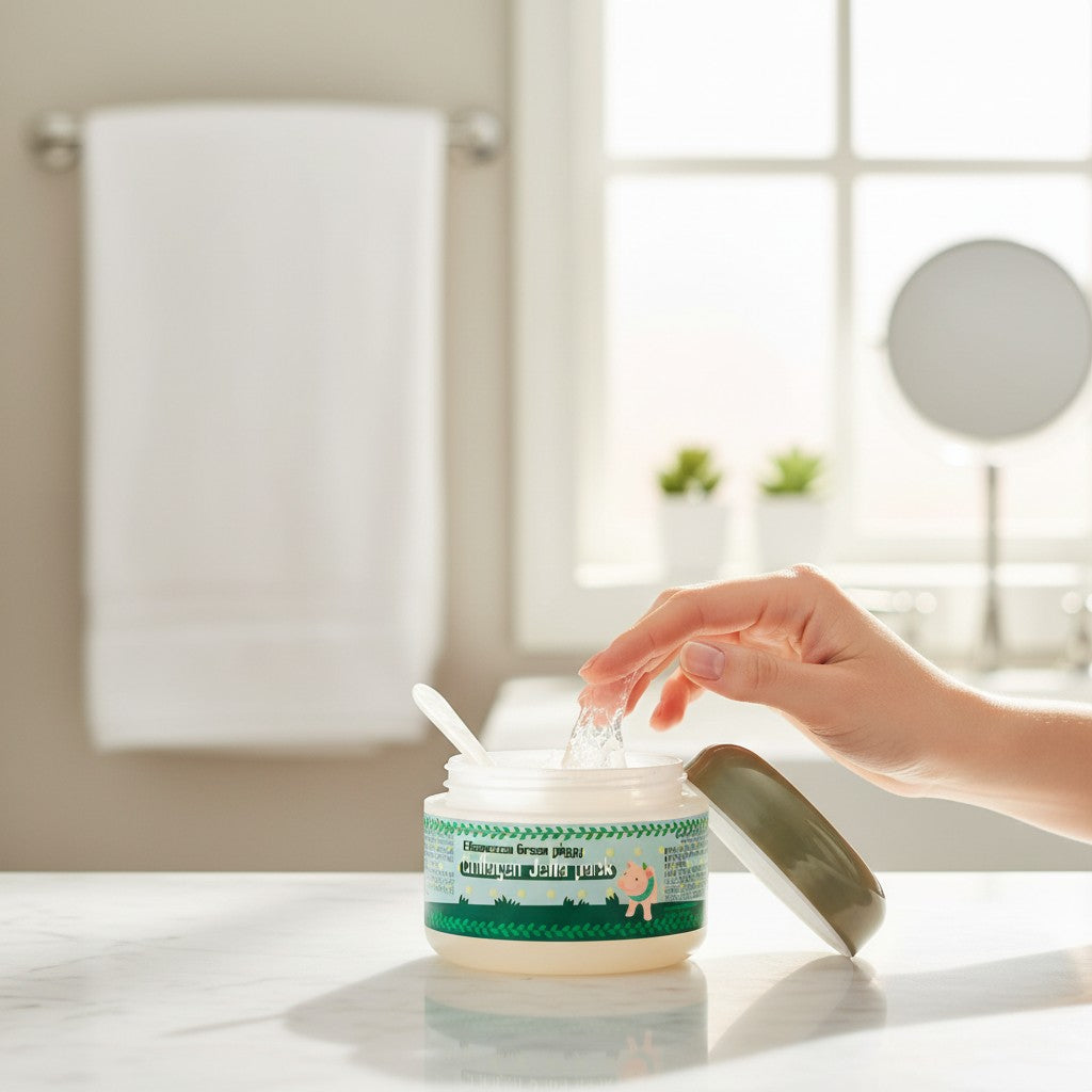 Skin TOGO Elizavecca Green Piggy Collagen Jella Pack jar with a hand scooping the clear, jelly-like face mask.