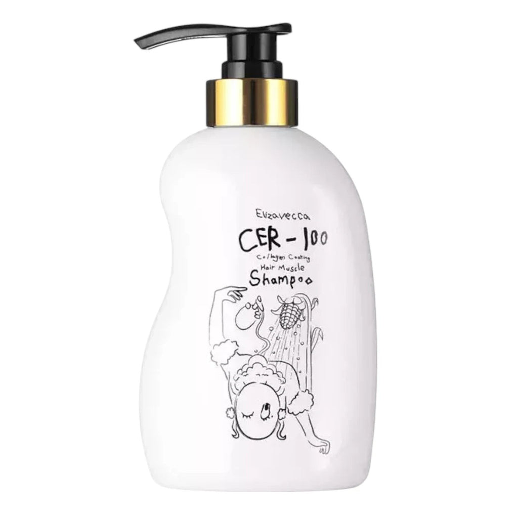 Skin TOGO Elizavecca CER-100 Collagen Coating Hair A+ Muscle Shampoo in a white 500ml bottle with a black pump.