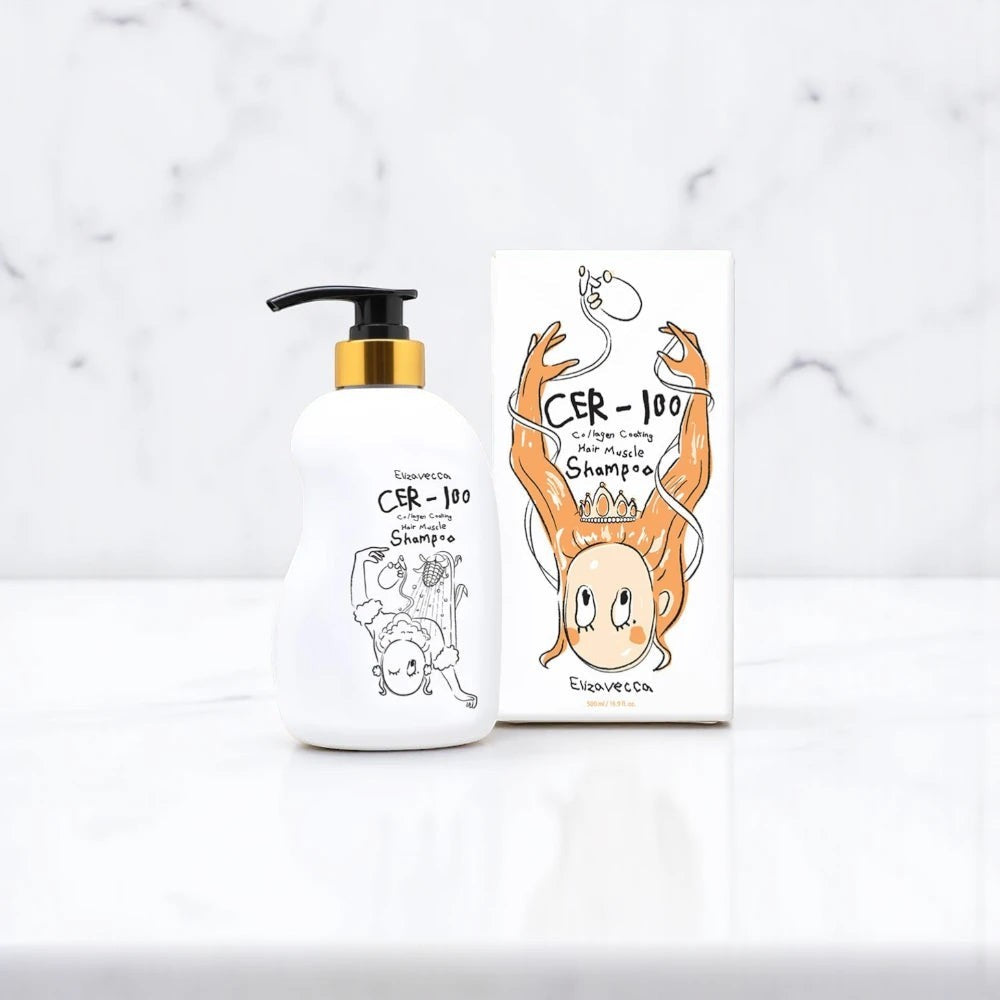 Skin TOGO Elizavecca CER-100 Collagen Coating Hair A+ Muscle Shampoo bottle and box on a white marble surface.