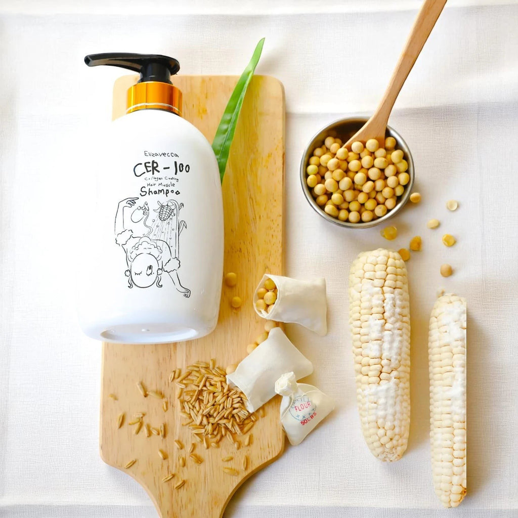 Skin TOGO Elizavecca CER-100 Collagen Coating Hair A+ Muscle Shampoo bottle with natural ingredients on a wooden board.