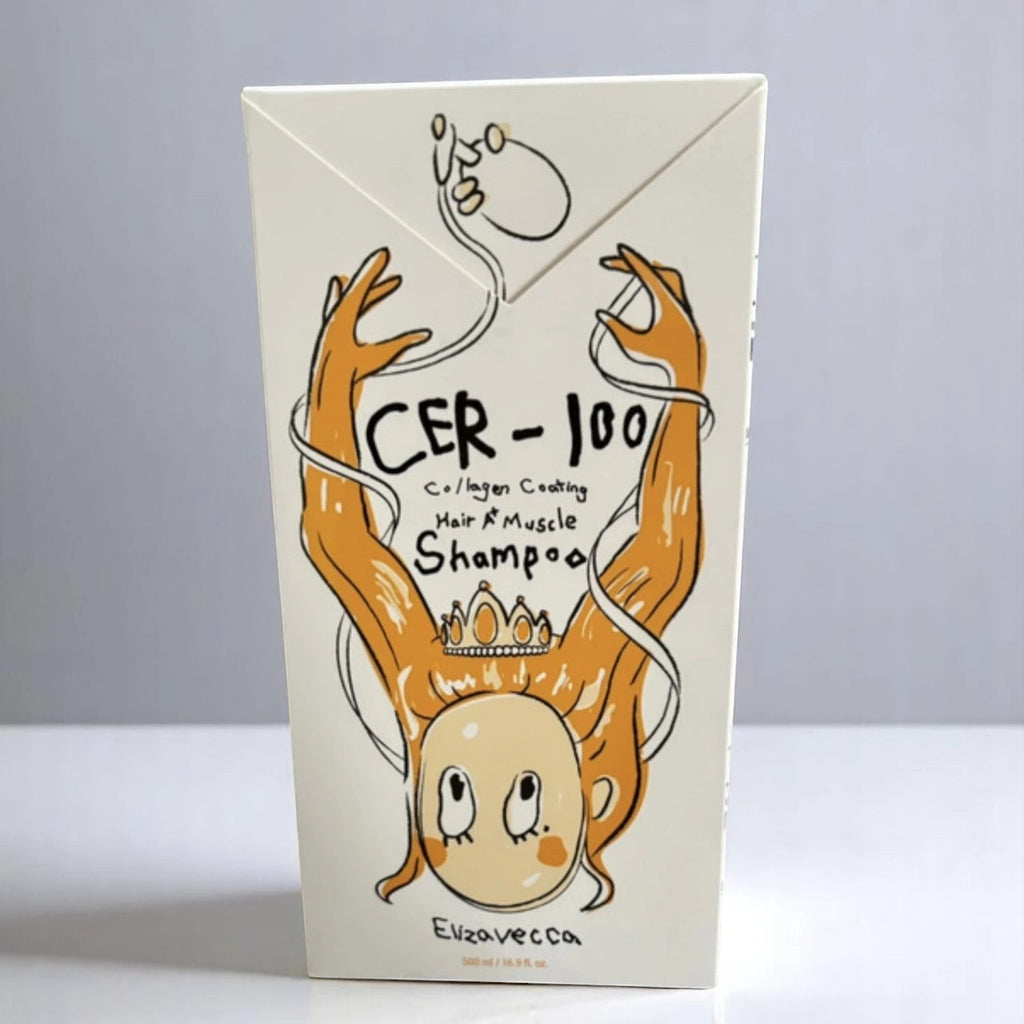 Skin TOGO Elizavecca CER-100 Collagen Coating Hair A+ Muscle Shampoo in a white 500ml bottle with illustrated design.