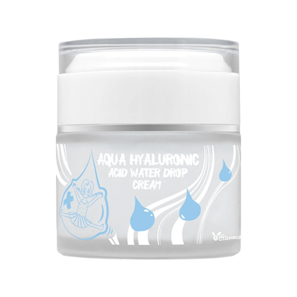 Skin TOGO Elizavecca Aqua Hyaluronic Acid Water Drop Cream in a frosted glass jar with blue water drop graphics.