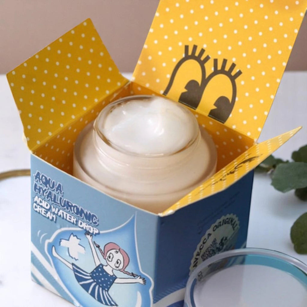 Skin TOGO Elizavecca Aqua Hyaluronic Acid Water Drop Cream in an open blue and yellow polka dot box