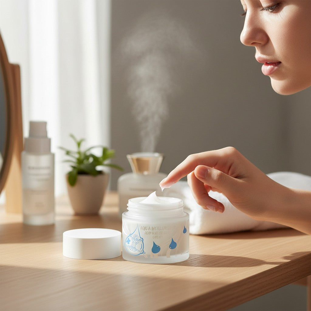 Skin TOGO Elizavecca Aqua Hyaluronic Acid Water Drop Cream with light gel texture on a wooden vanity with a humidifier.