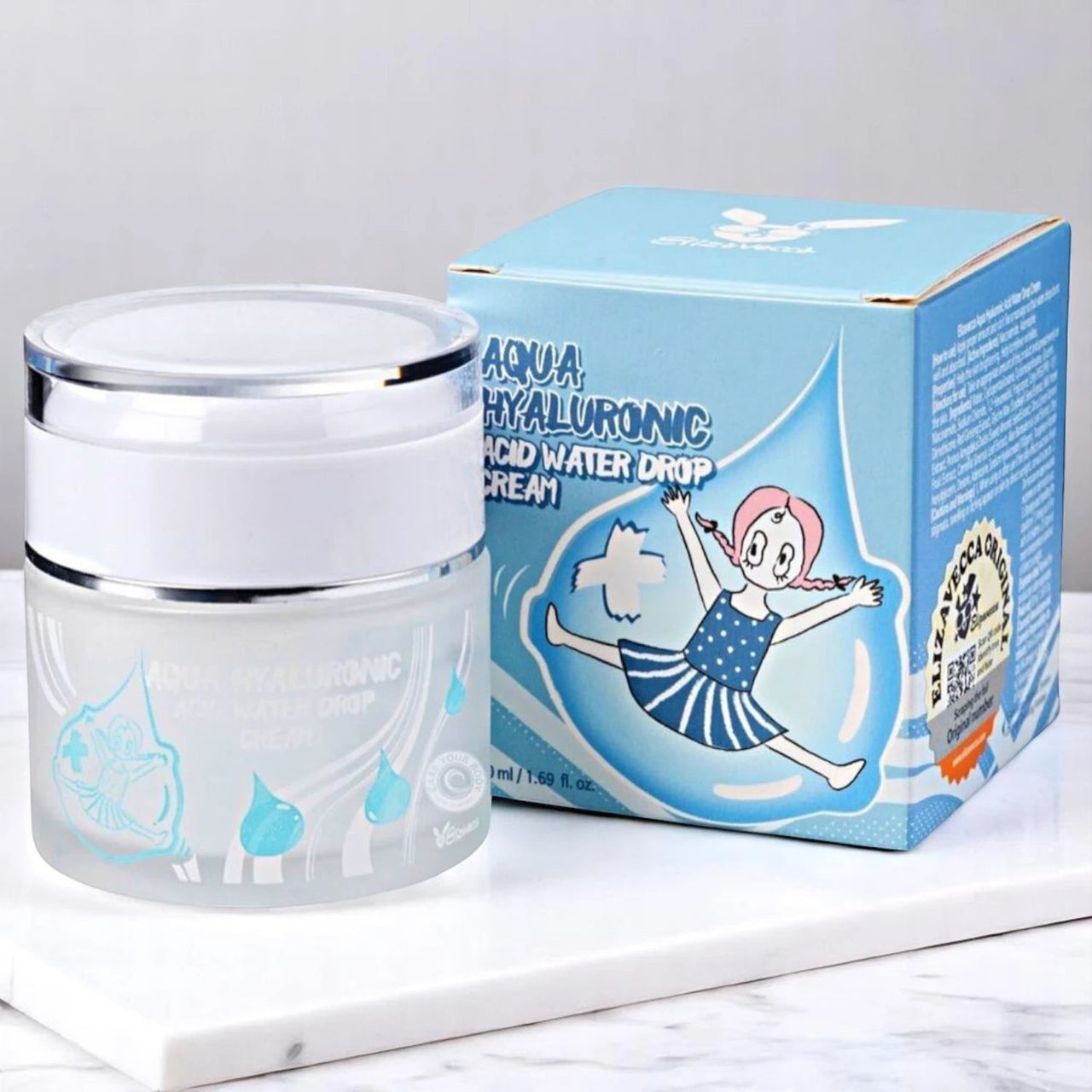 Skin TOGO Elizavecca Aqua Hyaluronic Acid Water Drop Cream jar and blue packaging box on a white surface.