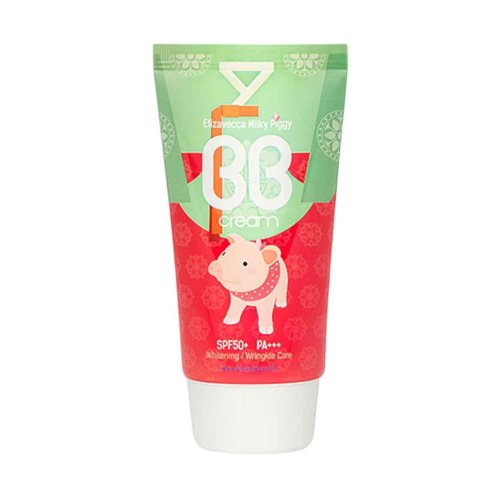 Skin TOGO Elizavecca Milky Piggy BB Cream in a red and green tube with SPF 50+ protection and cute pig illustration.