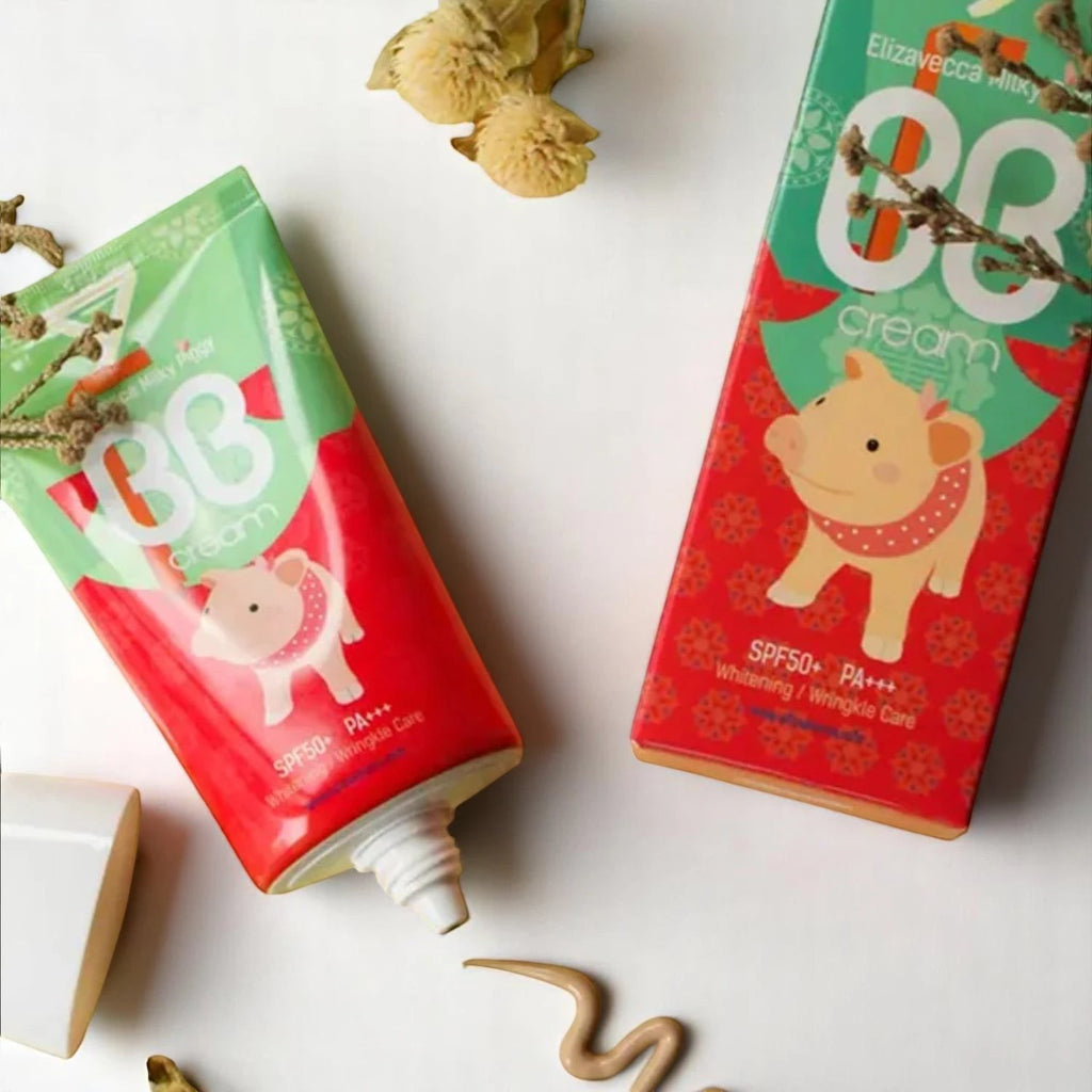 Skin TOGO Elizavecca Milky Piggy BB Cream tube and box with SPF 50+ PA+++ protection and cute pig illustration.