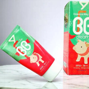 Skin TOGO Elizavecca Milky Piggy BB Cream tube and box with SPF 50+ PA+++ protection on a marble surface
