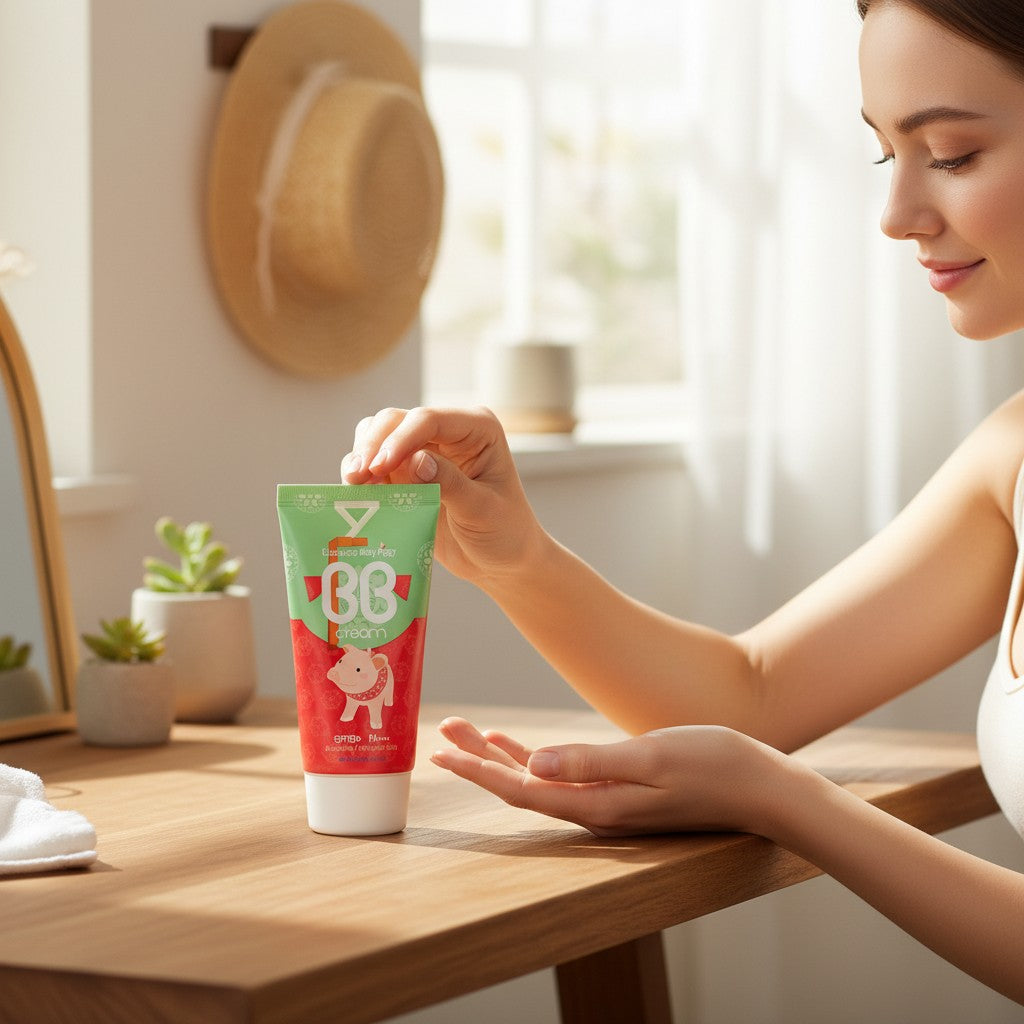 Skin TOGO Elizavecca Milky Piggy BB Cream SPF50+ in a green and red tube held by a woman in a bright room.