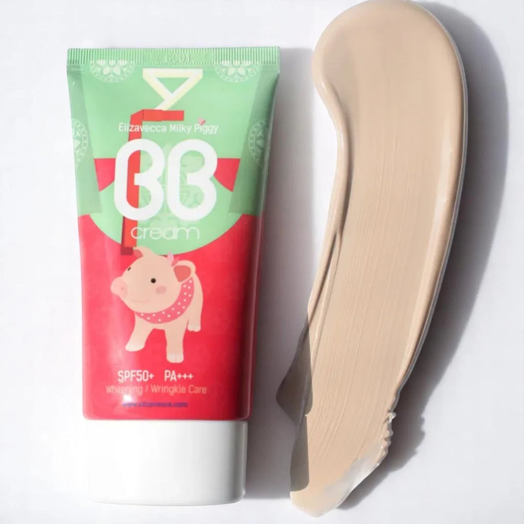 Skin TOGO Elizavecca Milky Piggy BB Cream SPF50+ tube next to a swatch of the light beige cream formula.
