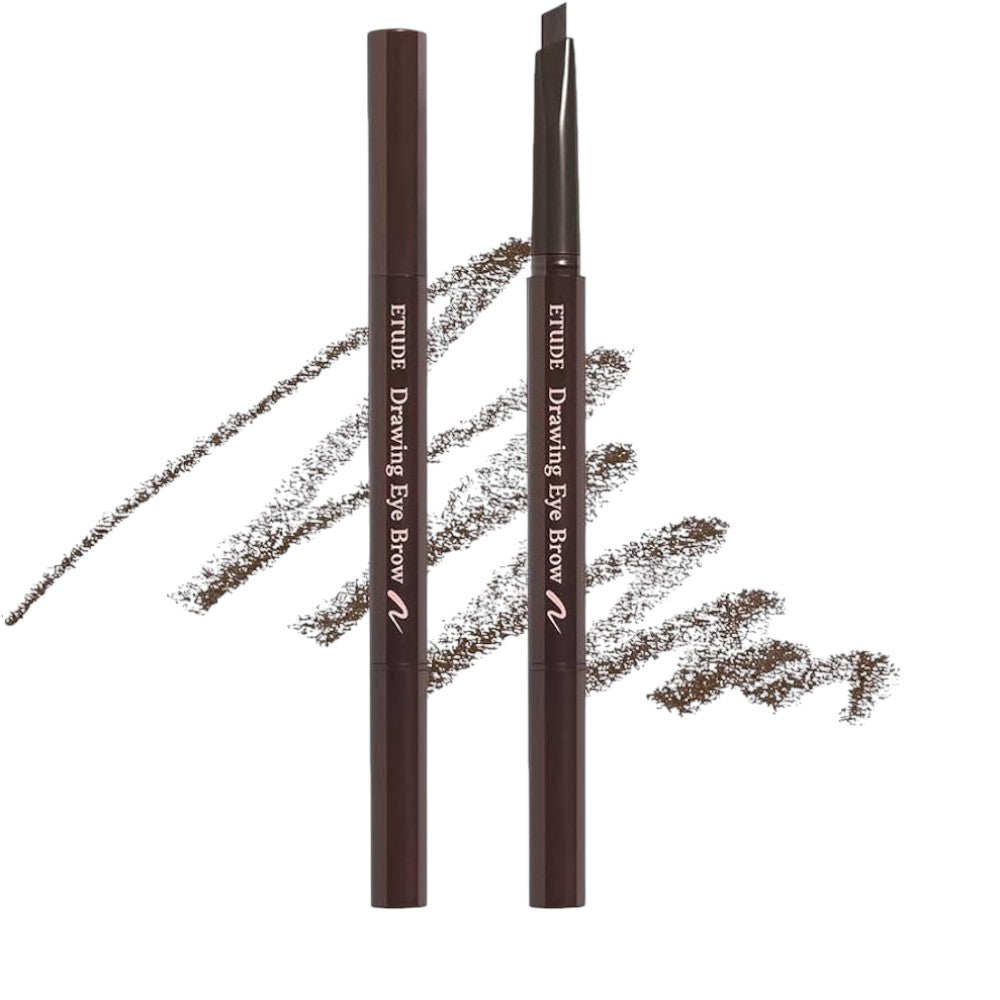 Skin TOGO Etude Drawing Eyebrow pencil in #1 Dark Brown with a triangular tip and a swatch of the pigment.