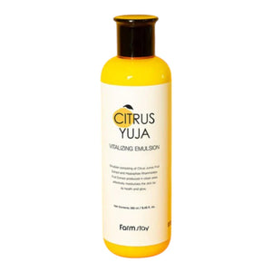 Skin TOGO Farmstay Citrus Yuja Vitalizing Emulsion in a yellow bottle for brightening and hydrating dull skin.