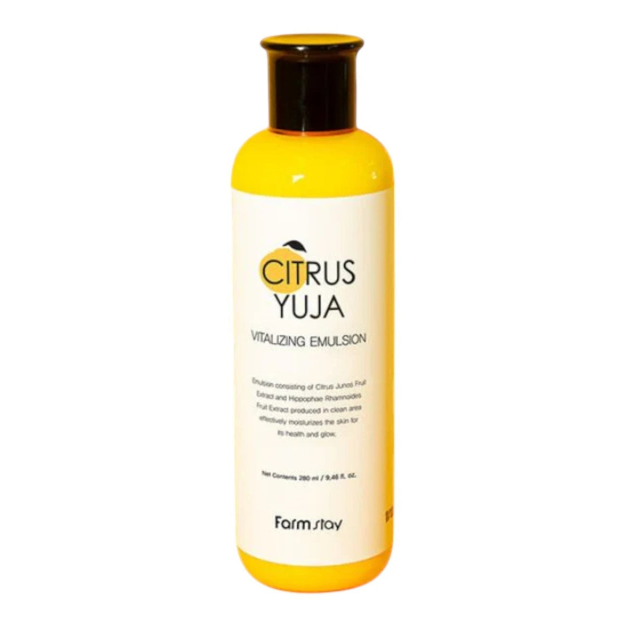 Skin TOGO Farmstay Citrus Yuja Vitalizing Emulsion in a yellow bottle for brightening and hydrating dull skin.