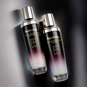 Skin TOGO Farmstay Grape Stem Cell emulsion and toner bottles with gradient purple and clear glass packaging.