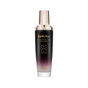 Skin TOGO Farmstay Grape Stem Cell Emulsion in a sleek black and purple gradient bottle with a metallic gold cap.