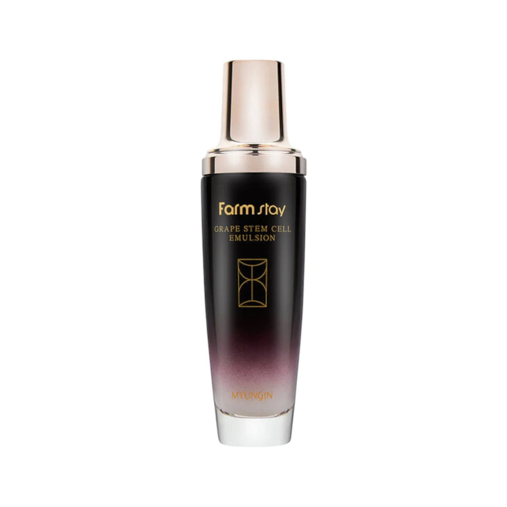 Skin TOGO Farmstay Grape Stem Cell Emulsion in a sleek black and purple gradient bottle with a metallic gold cap.