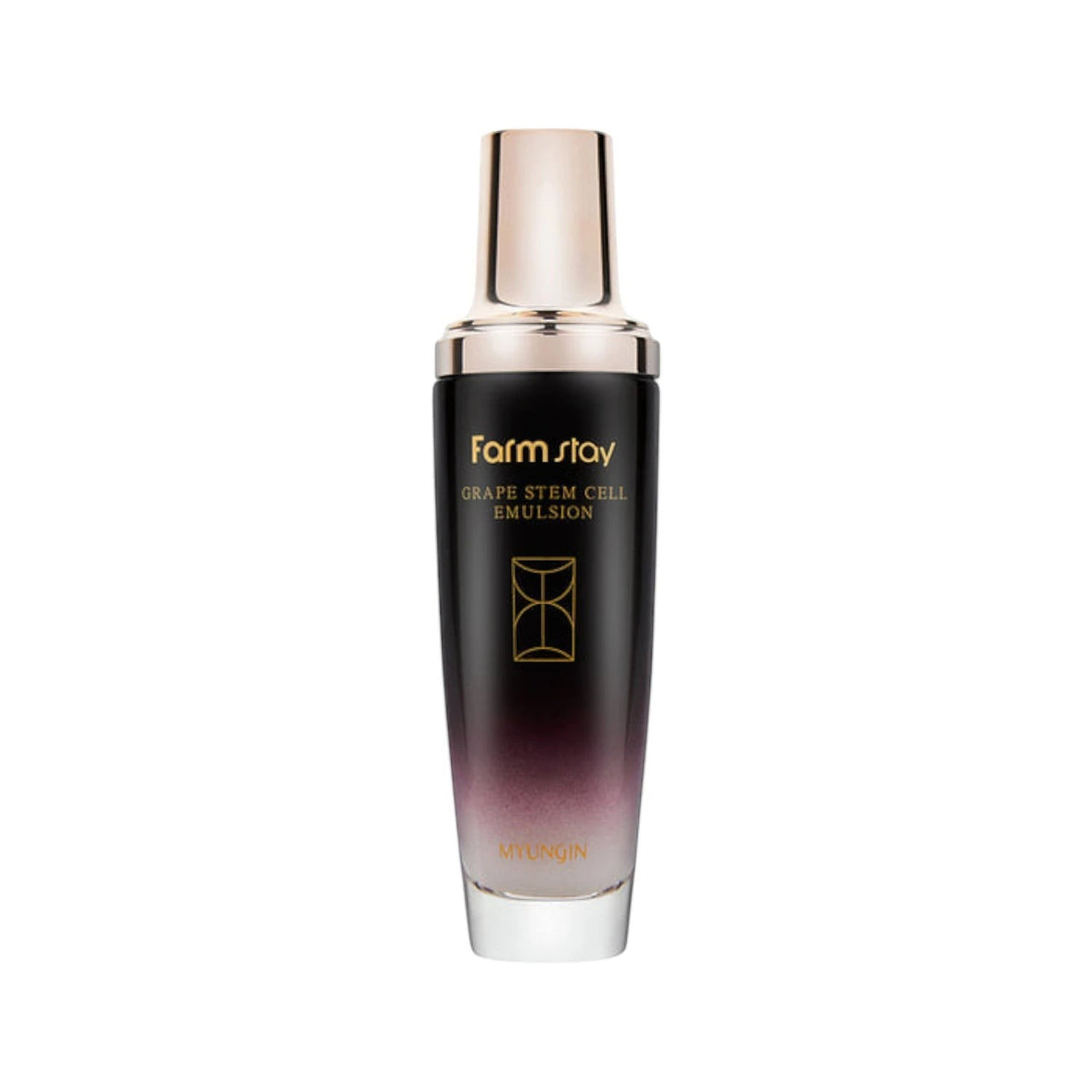 Skin TOGO Farmstay Grape Stem Cell Emulsion in a sleek black and purple gradient bottle with a metallic gold cap.
