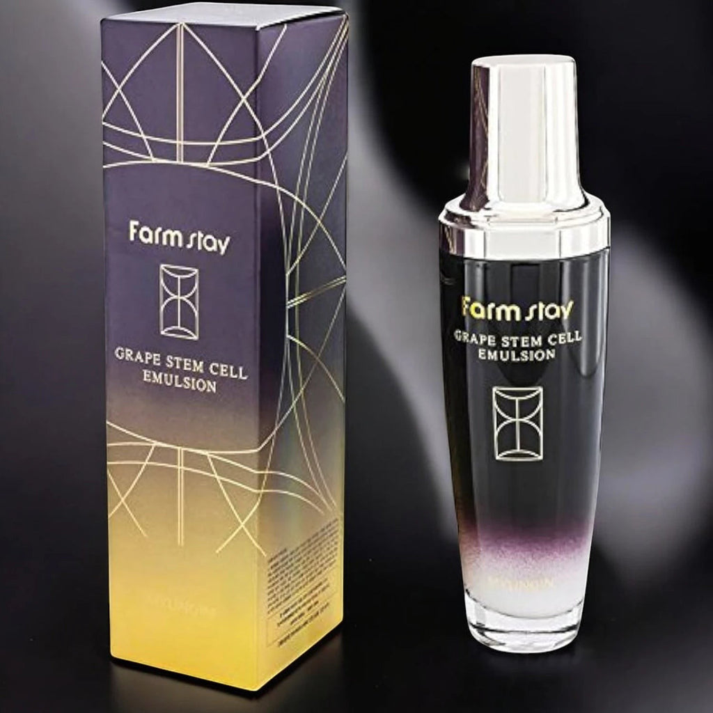 Skin TOGO Farmstay Grape Stem Cell Emulsion bottle and box with gradient purple and gold packaging for anti-aging.