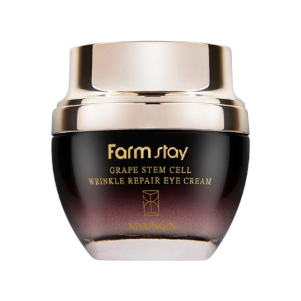 Skin TOGO Farmstay Grape Stem Cell Wrinkle Repair Eye Cream in a dark purple glass jar with a gold lid.