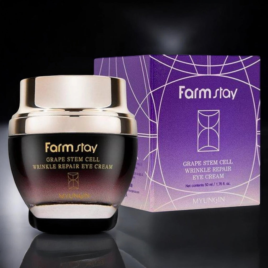 Skin TOGO Farmstay Grape Stem Cell Wrinkle Repair Eye Cream in a black jar with a gold lid next to its purple box.