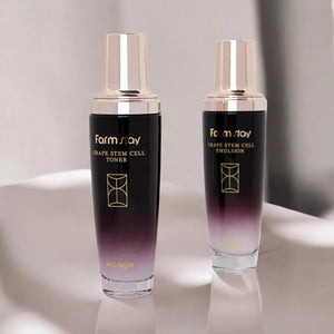 Skin TOGO Farmstay Grape Stem Cell Emulsion and Toner bottles in elegant black and purple gradient glass packaging.